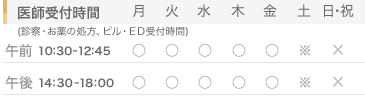 ドクター診療時間(ピル・ED受付時間)